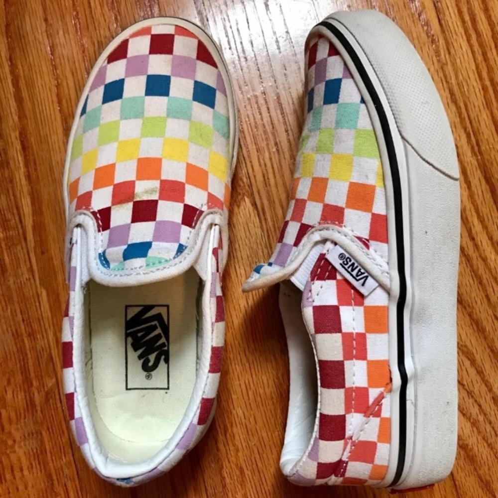 Rainbow checkered slip ons
